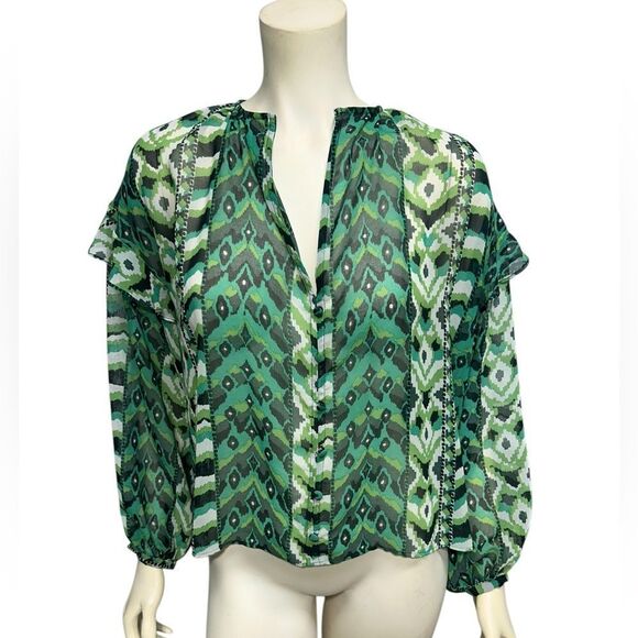 Zara Tops - NWT Zara Green Printed Long Sleeve Blouse Ruffle Sleeves Size Small Vneck Top